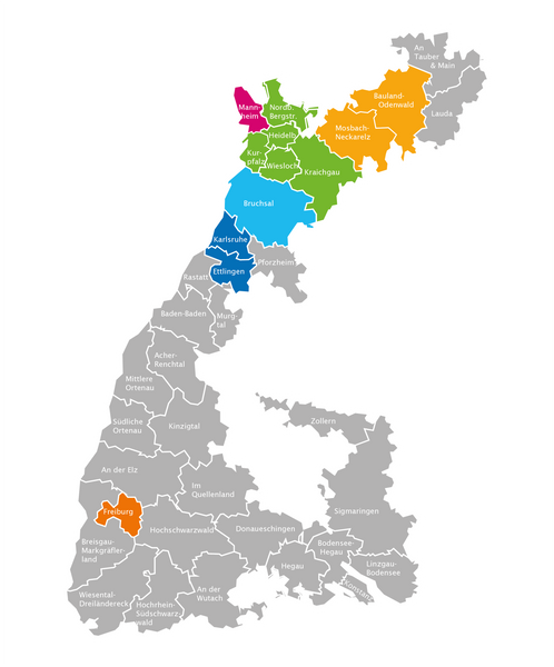 Quelle: BDKJ Freiburg Landkarte des Bistums mit farblich markierten BDKJ-Regionalverbänden und grauen Umrissen der übrigen Regionen